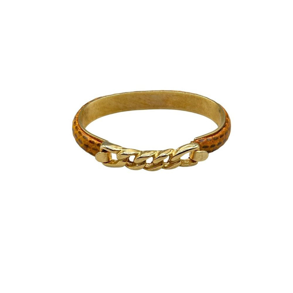 Vtg 80s 90s Snakeskin Bracelet Hinged Bangle Tan Color with Gold Plated Chain
